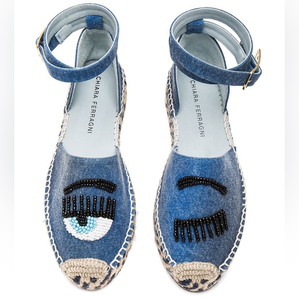 CHIARA FERRAGNI Blue Flirty Eyes Canvas Espadrille Platform Shoes. Size 37